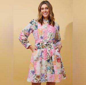 Annick Patchwork Tropical Floral Animal Print Midi Feminine Long Sleeve Dress S